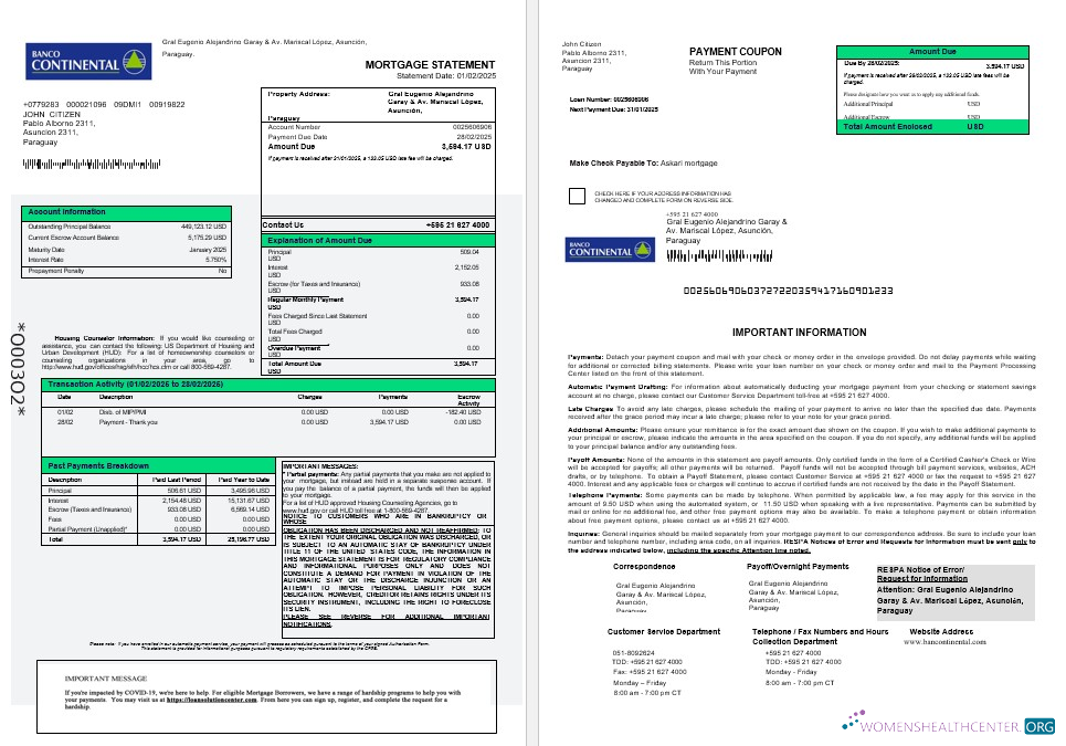 Paraguay Banco Continental S.A.E.C.A. mortgage statement in Word and PDF formats 1 2
